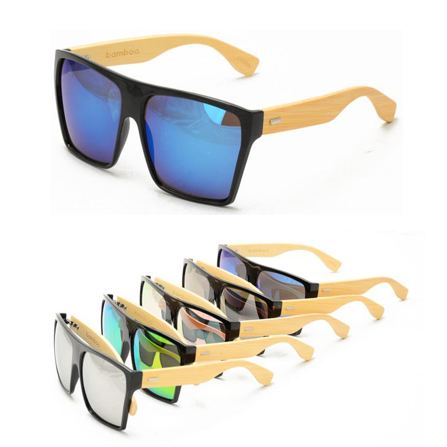 Fame II Oversize Square Bamboo Sunglasses with Color Mirror Lens 2