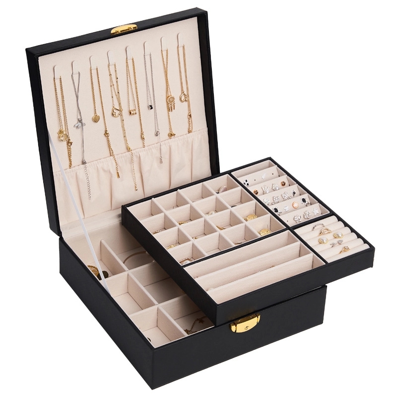 Custom PU Leather 2-Layer Jewelry Organizer Box with Lock 8