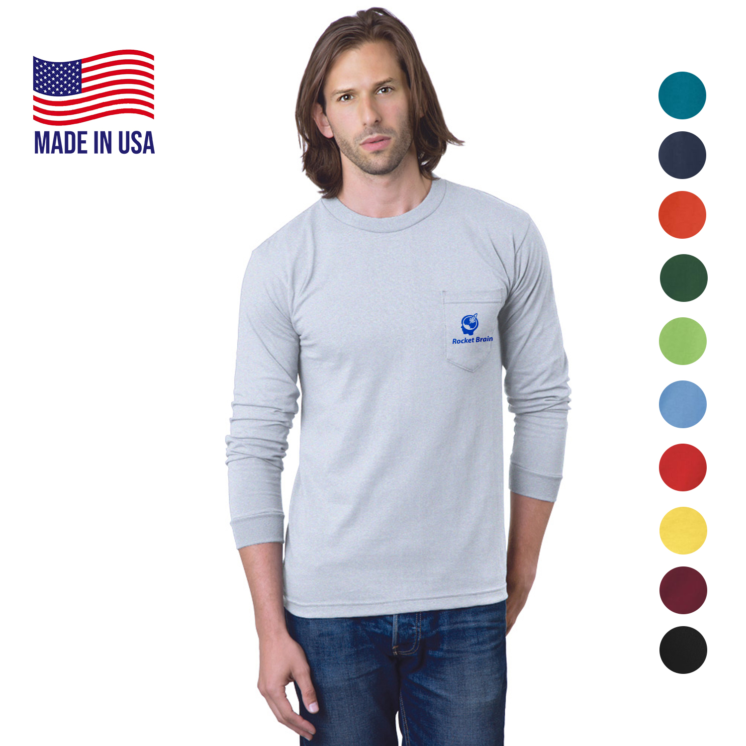 100% Cotton USA-Made Heavyweight Long Sleeve Pocket Crew Tee 2
