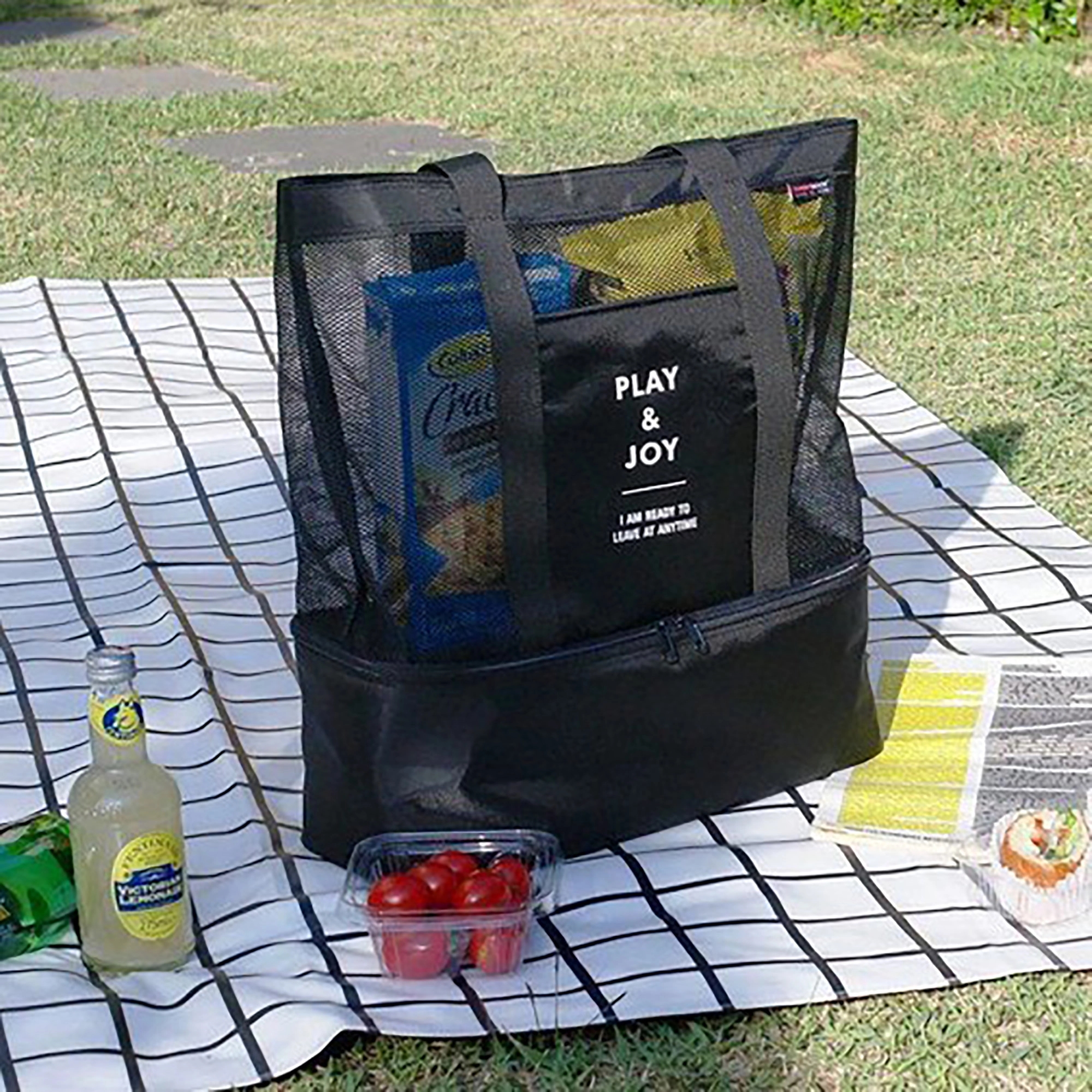 Mesh Beach Tote Lunch Bag With Cooler Bottom 2