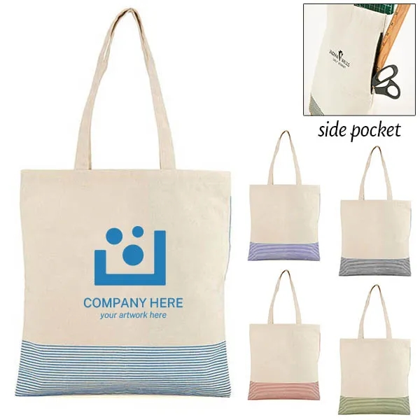 Striped Cotton Tote Bag w/ Side Pocket -14.88"w x 15.5"h, custom tote bag with logo imprint 6
