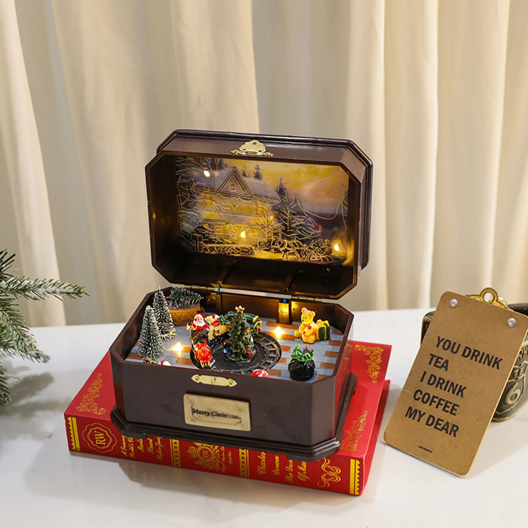 Rotating Glowing Christmas Music Box Dual Power 4