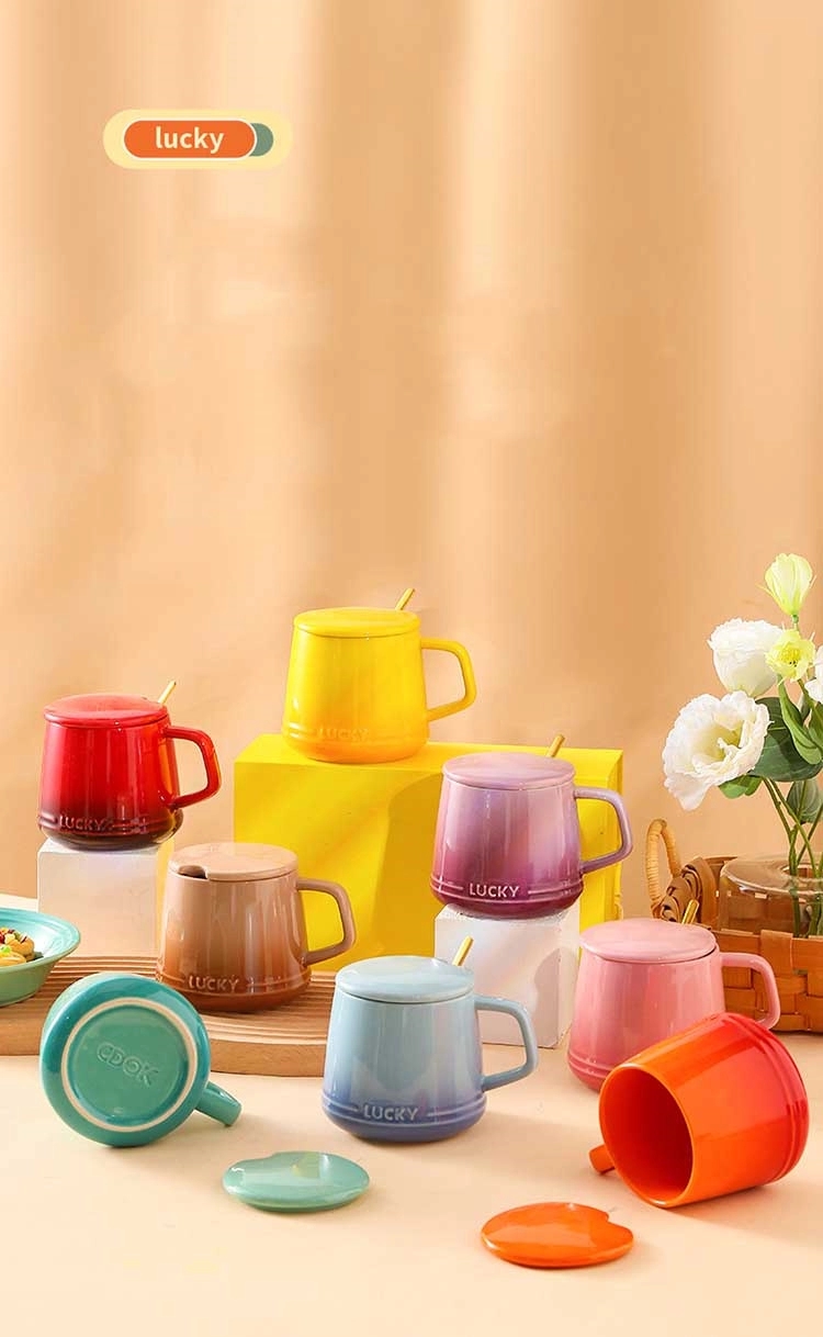 12OZ Colorful Ceramic Mug Cup and Saucer Set with Lid Spoon 13