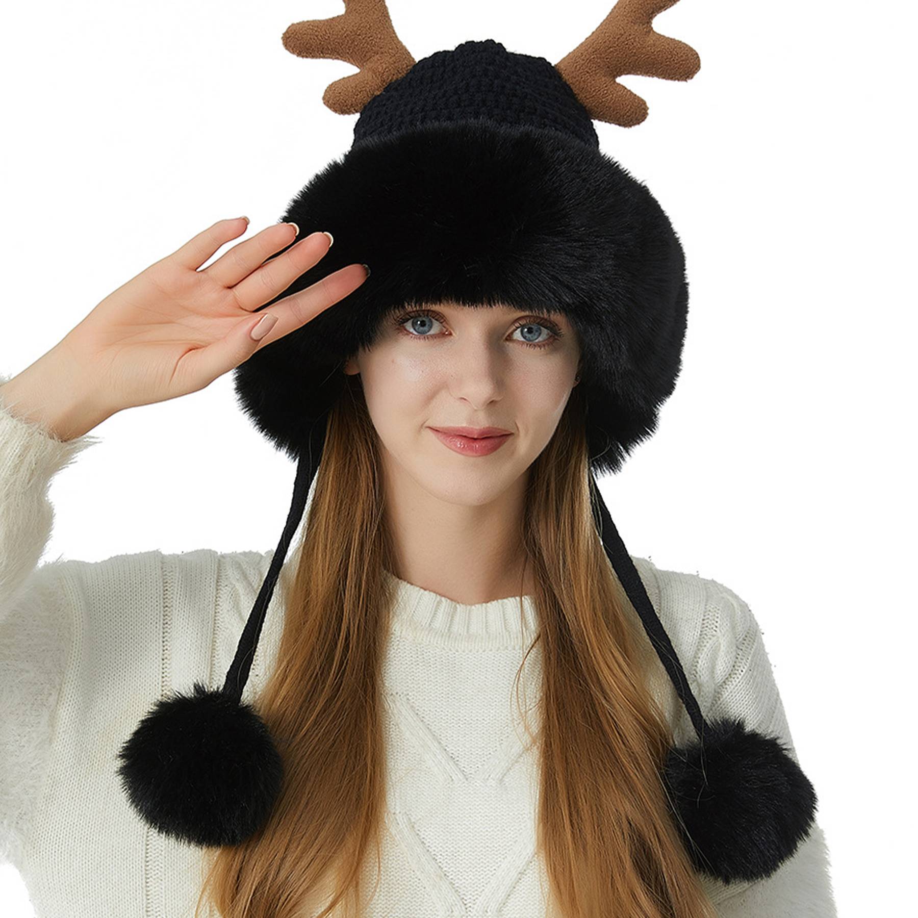 Women winter cover ear antler knit hat 10