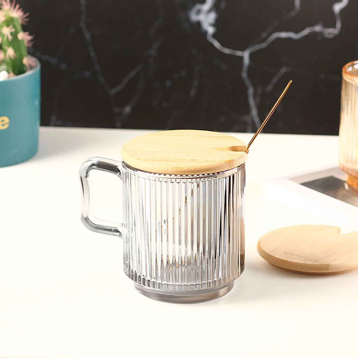 Iridescent Glass Coffee Mug with Lid 1