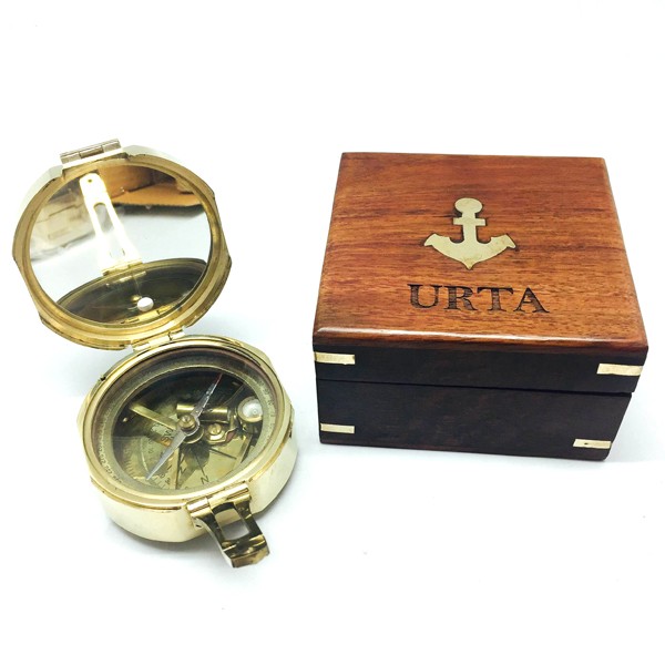 4" Brass Brunton Compass in Wood Case (Brass Anchor & Corners) 4