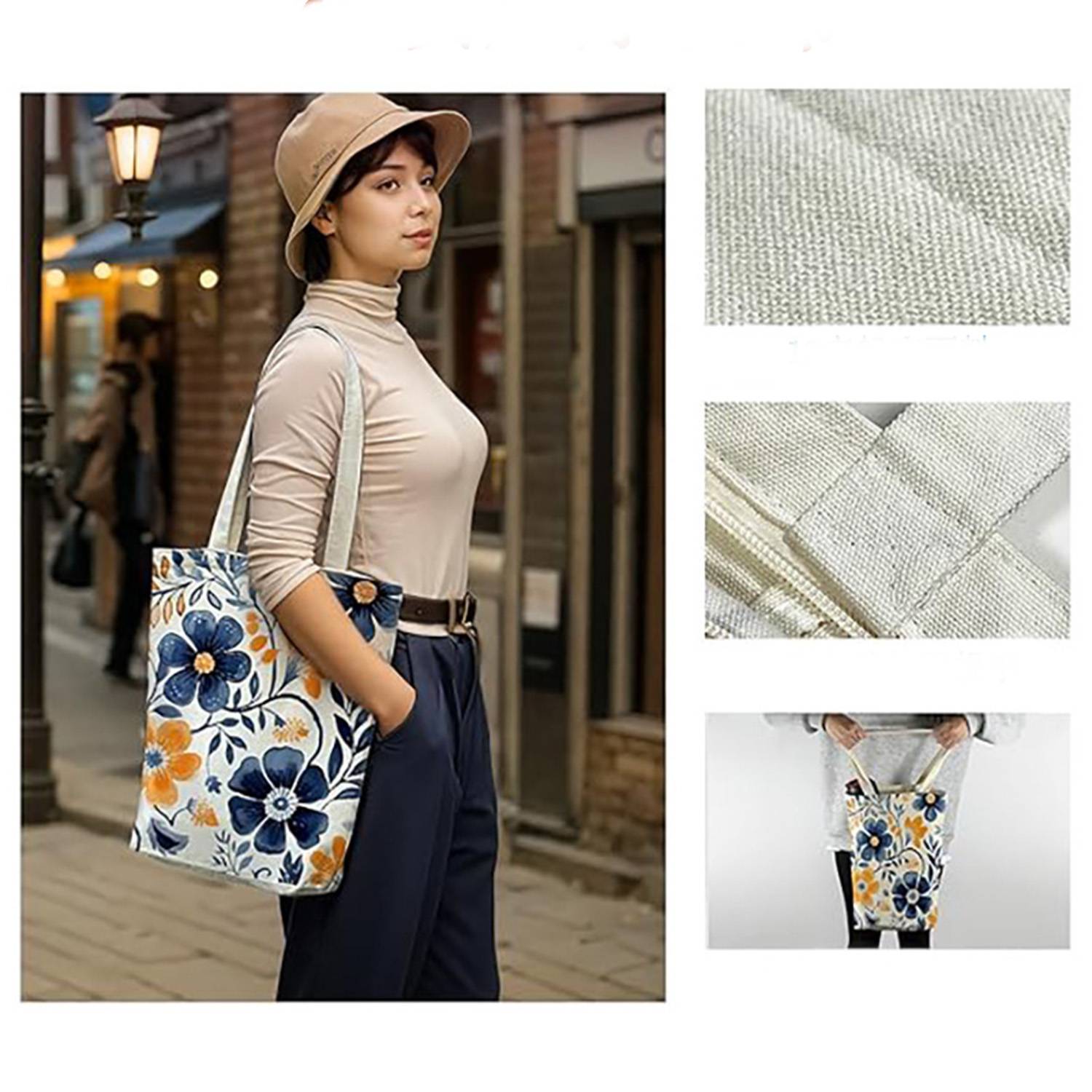 Women's Zippered Canvas Tote Bag w/ Strap for Shopping 4