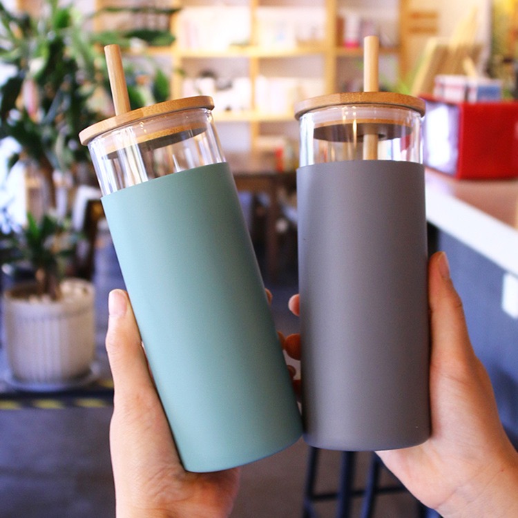 17oz Office glass bamboo lid straw cup 4