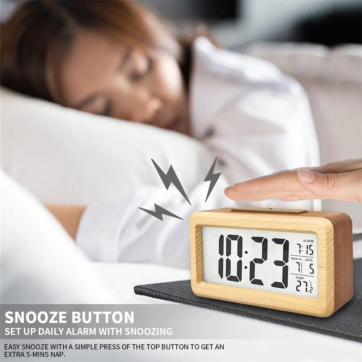 Bamboo Wooden LCD Alarm Digital Clock With Night Light Temp 3