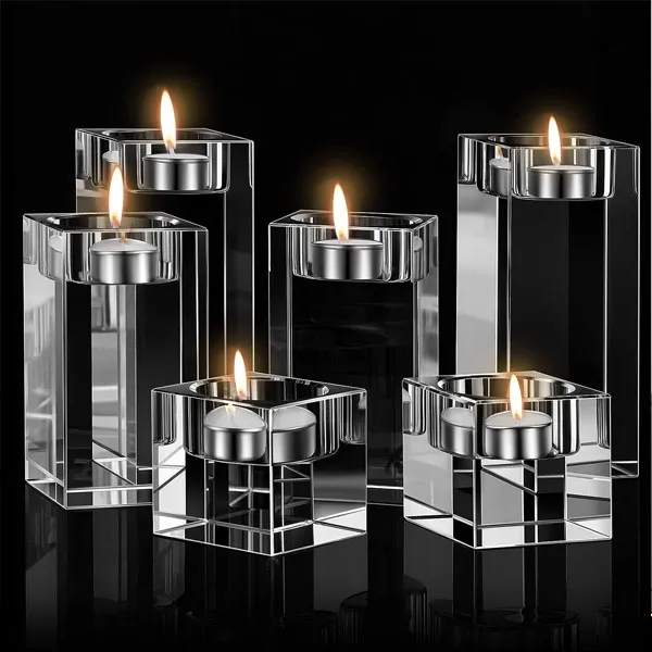Engraved Square Crystal Tealight Candle Holders 6