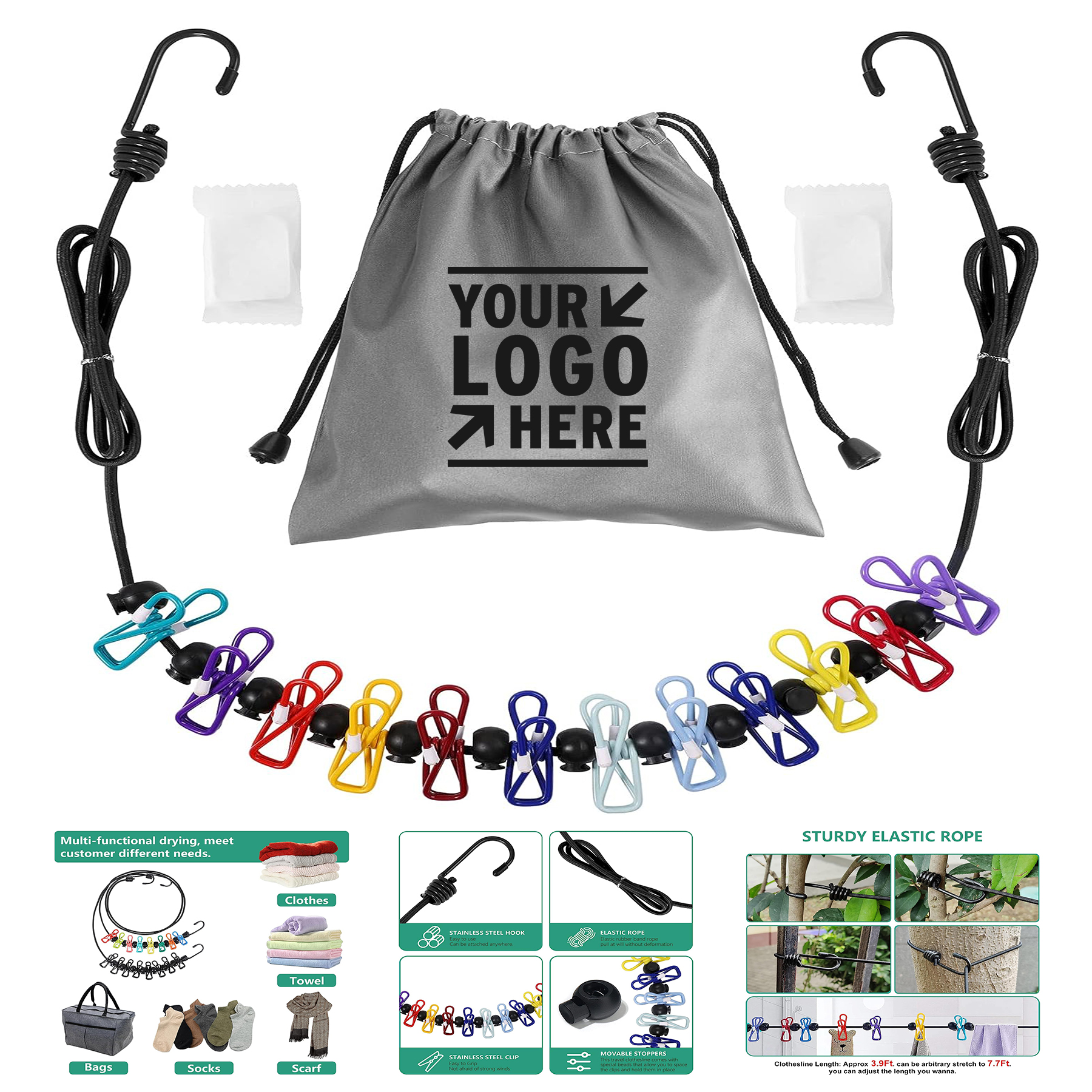 Portable Retractable Travel Clothesline with 2 Compressible Towels 12 Clothespins 