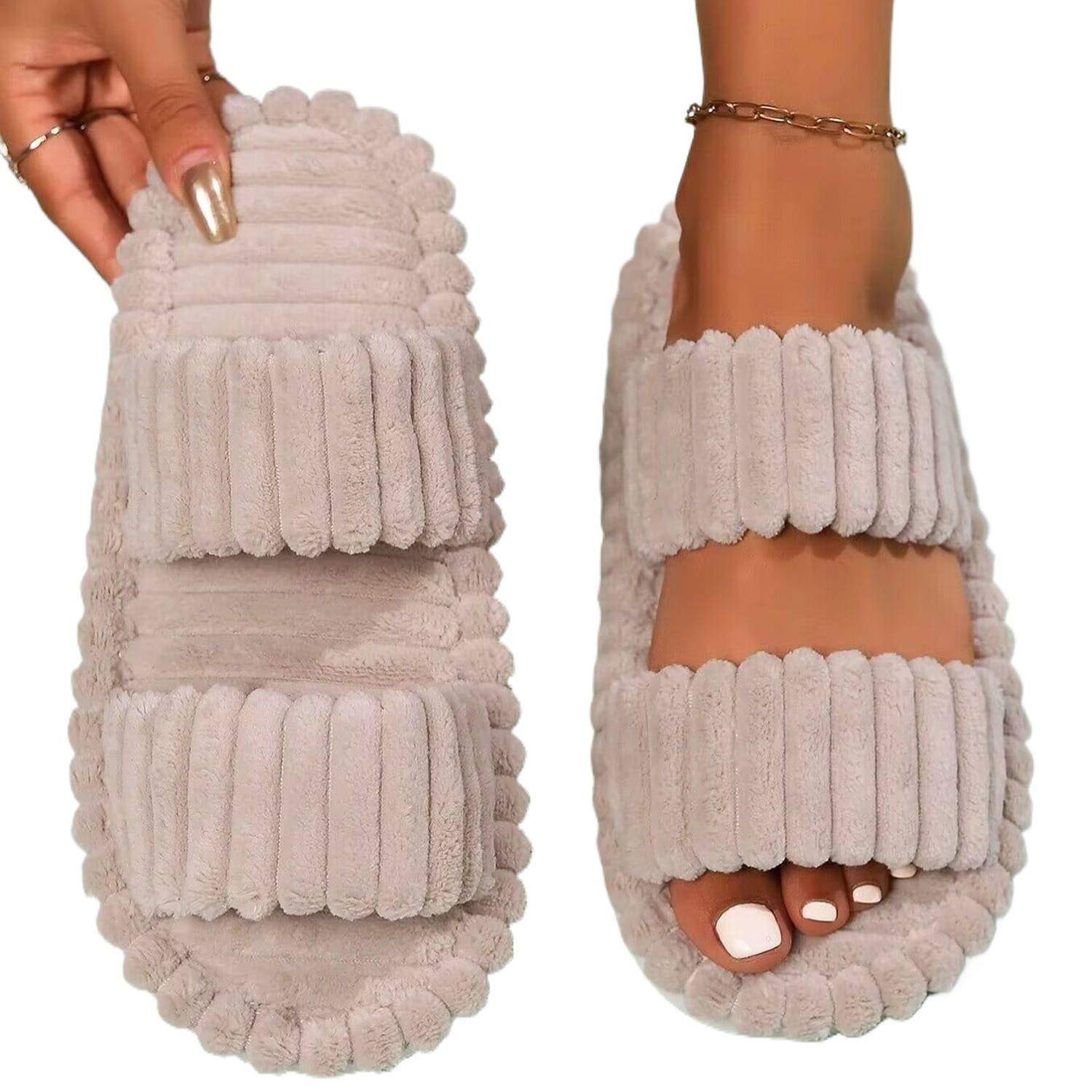 Women's Plush Open-Toe Anti-Skid Double Strap Cotton Slipper 2