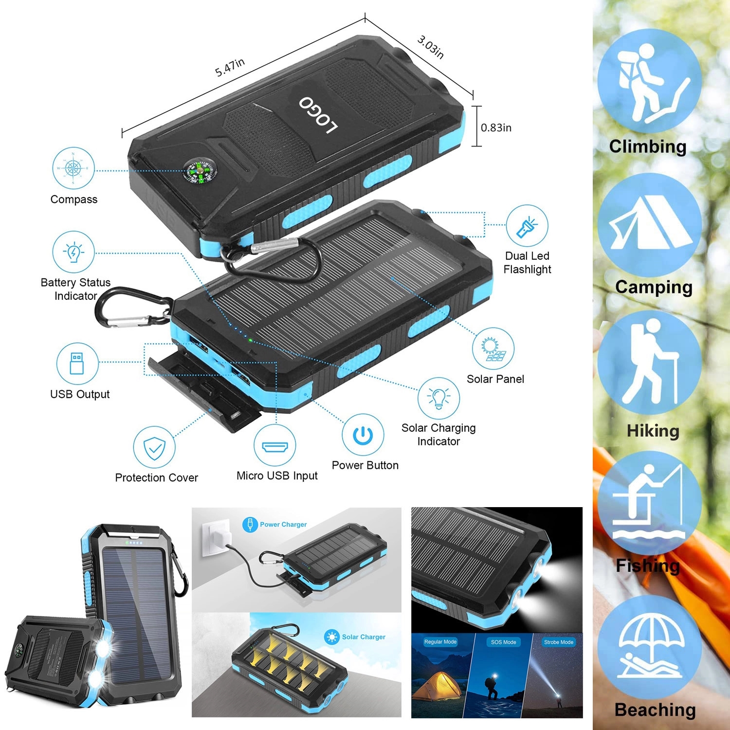 Fast Shipping-Solar Charger Carabiner Power Bank 11