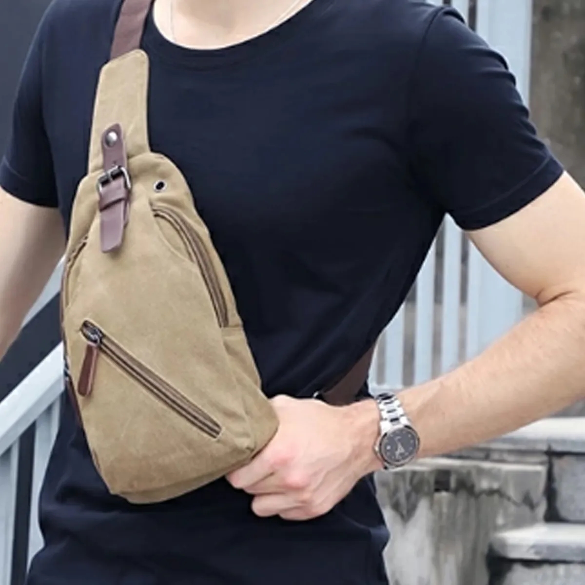Casual Canvas Crossbody Sling Bag with Leather Accents 2