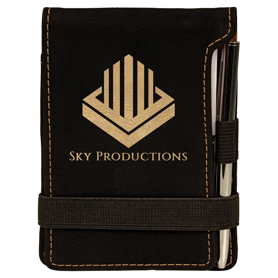 3 1/4" x 4 3/4" Black/Gold Leatherette Mini Notepad with Pen 2