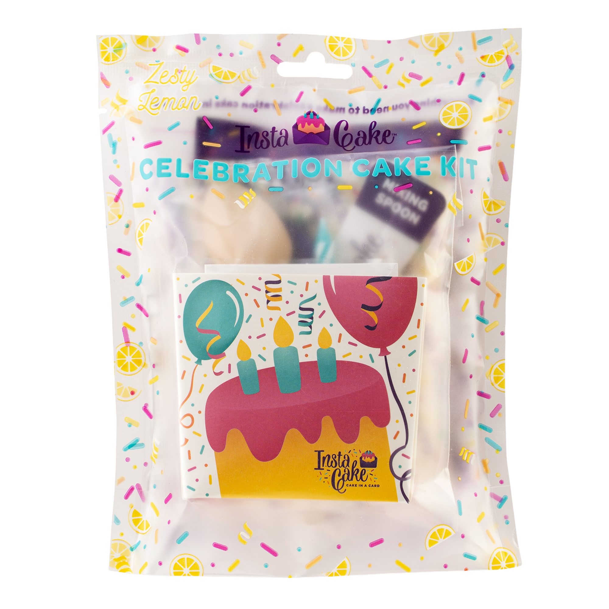 All-in-one celebration kit with a pop-up baking case, cake mix, frosting, sprinkles, candle, spoon, and water measure—just add water and microwave. 9