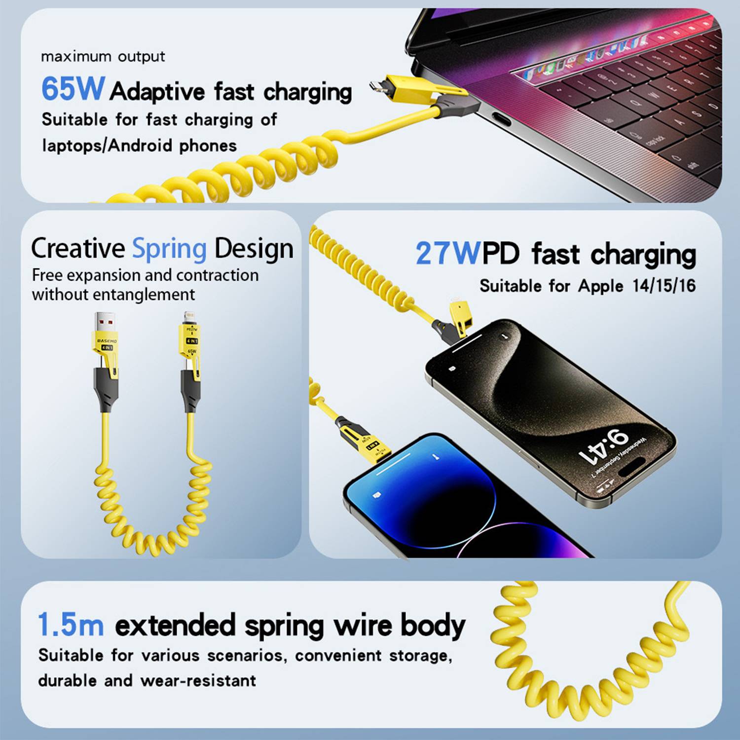 Retractable 4 in 1 USB Fast Charging Cable 65W 7