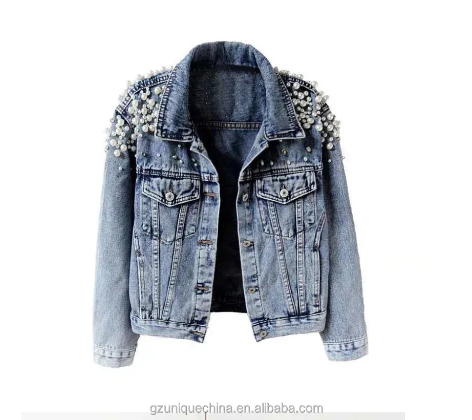 Women's Pearl-Embellished Denim Jacket 2