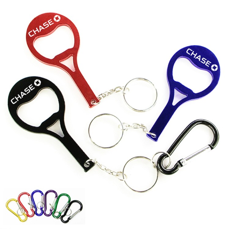 Tennis racket shape aluminum bottle opener with split key ring and carabiner
