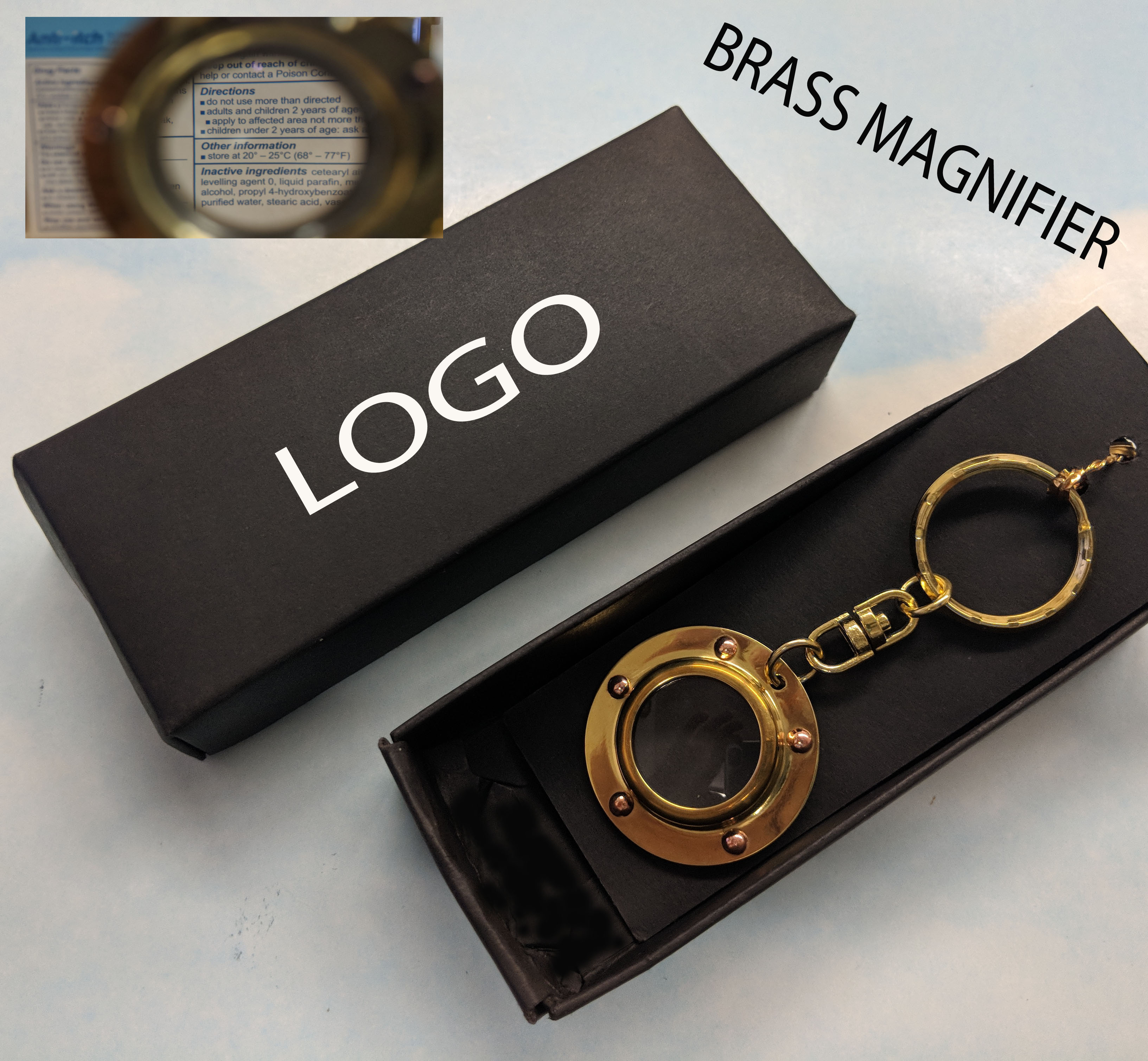 Brass Porthole Keychain w/Magnifying 2X, Made in Taiwan 1