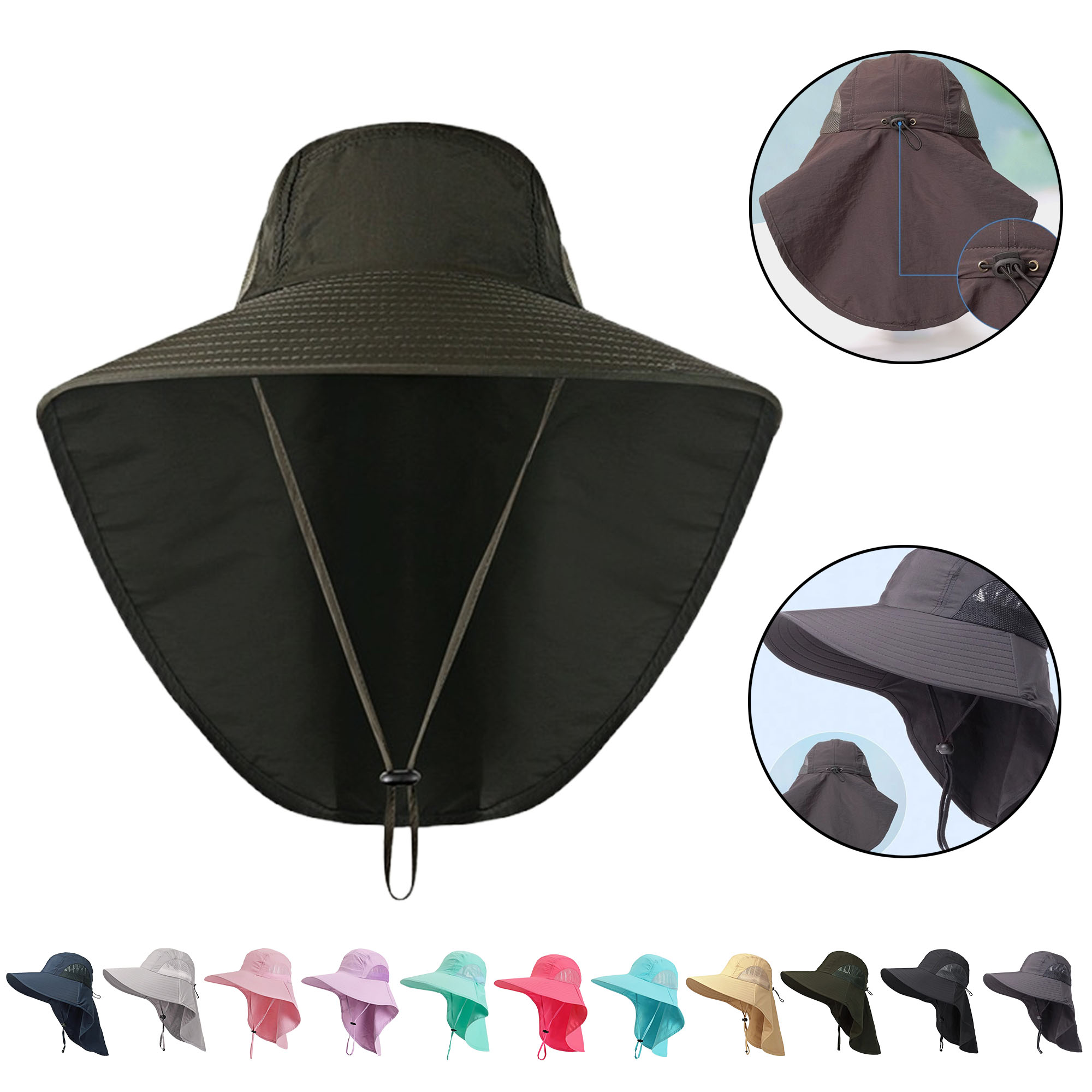 Men's UV Protection Wide Brim Fishing Hat with Neck Flap 11