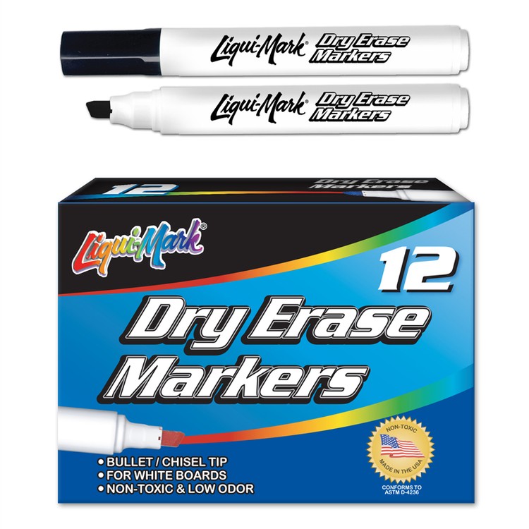 12 Pack Dry Erase, Low Odor, Chisel Tip Markers/Box - Black - Made in the USA