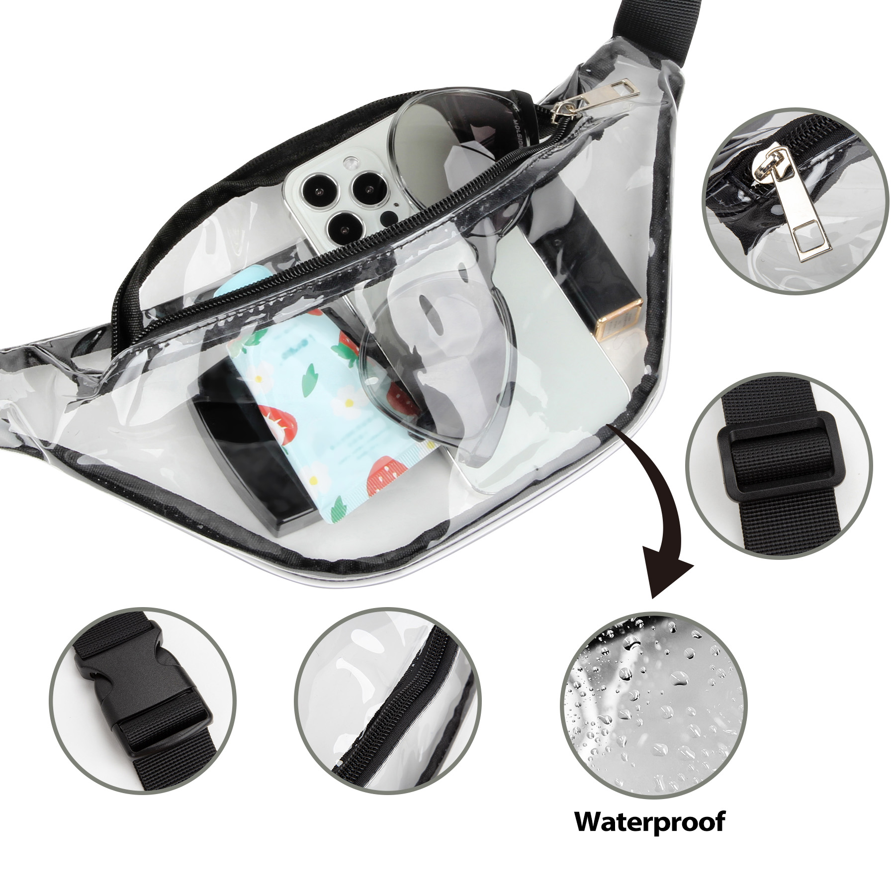 Clear Transparent PVC Fanny Pack Bag W/Zipper Pocket 8