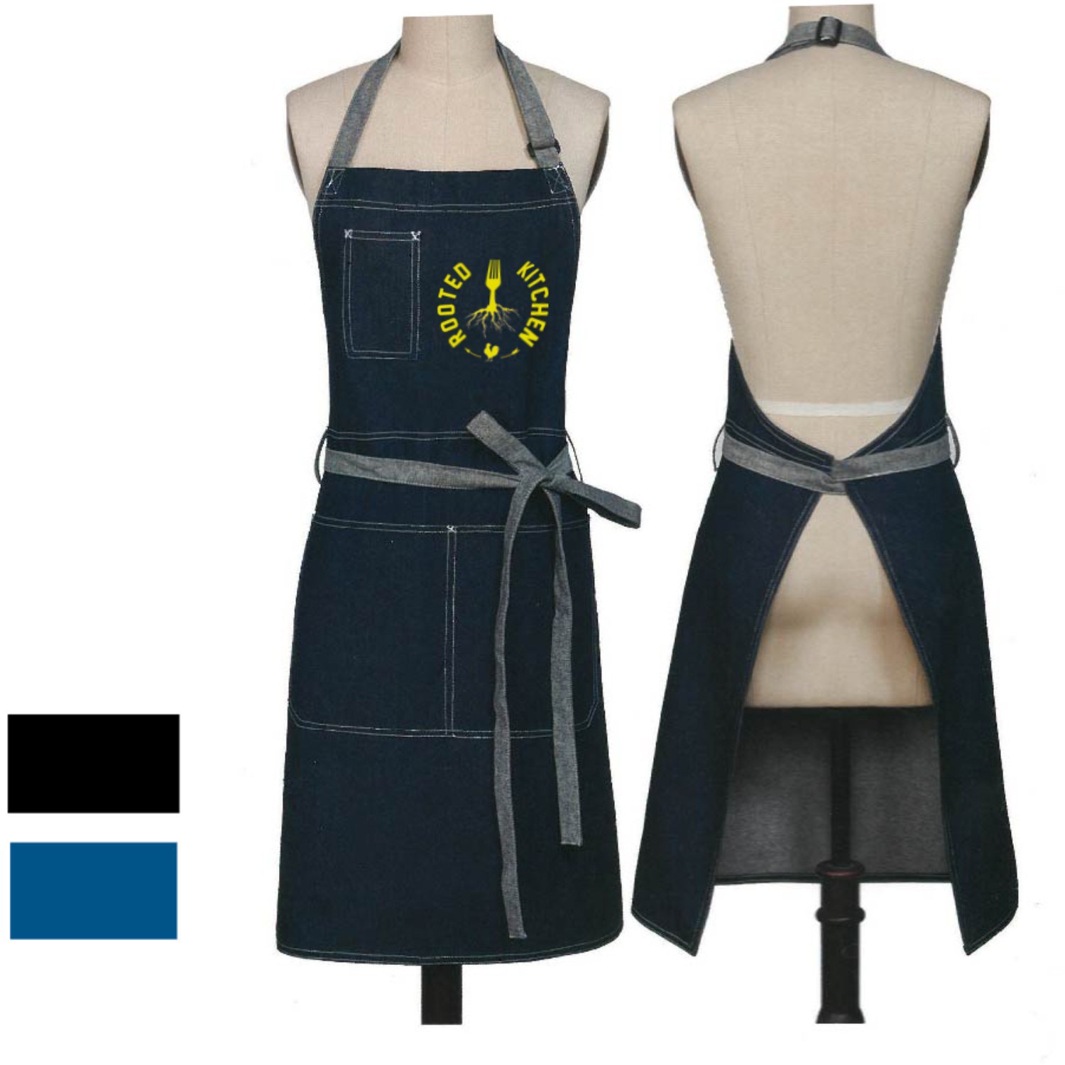 12 oz. 100% Cotton Denim Kitchen Aprons w/ Grey front straps & 3 Pockets 2