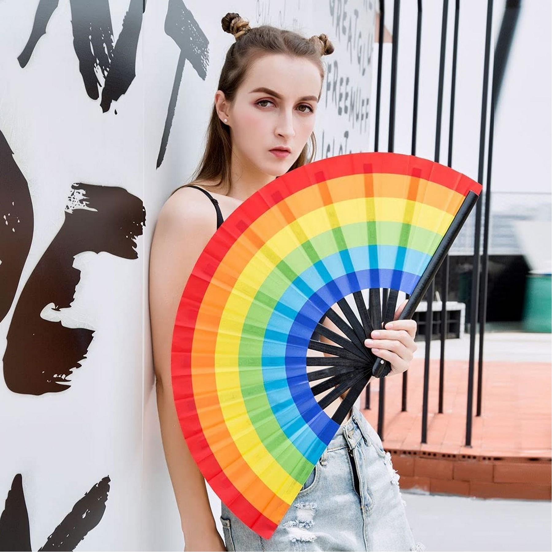 13 Inch Folding Hand Rave Bamboo Gay Pride Rainbow Fan 11