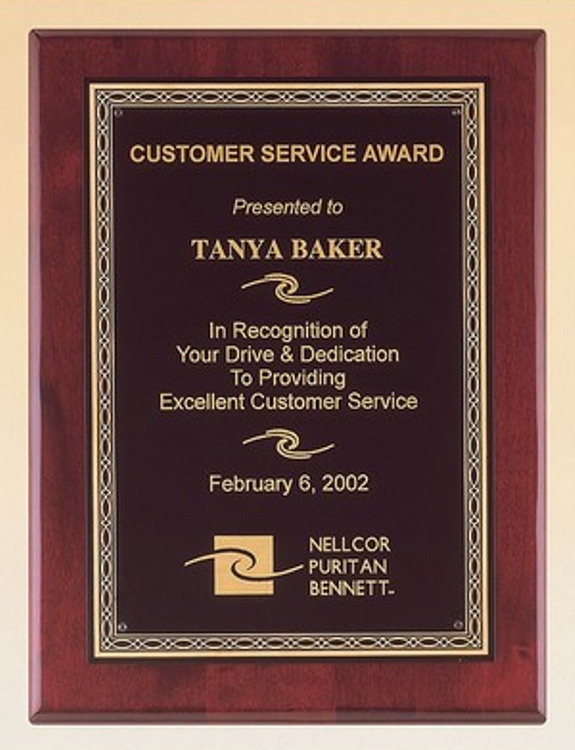 Rosewood Stained Piano Finish Plaque 8" x 10" Award