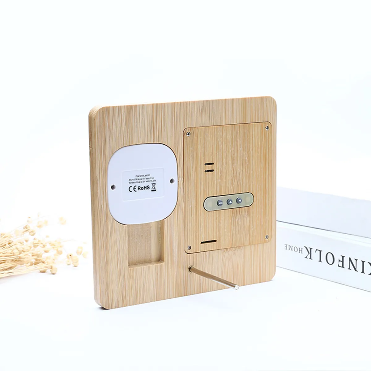 Wireless Charging Weather Temperature Humidity Bamboo Clock 7