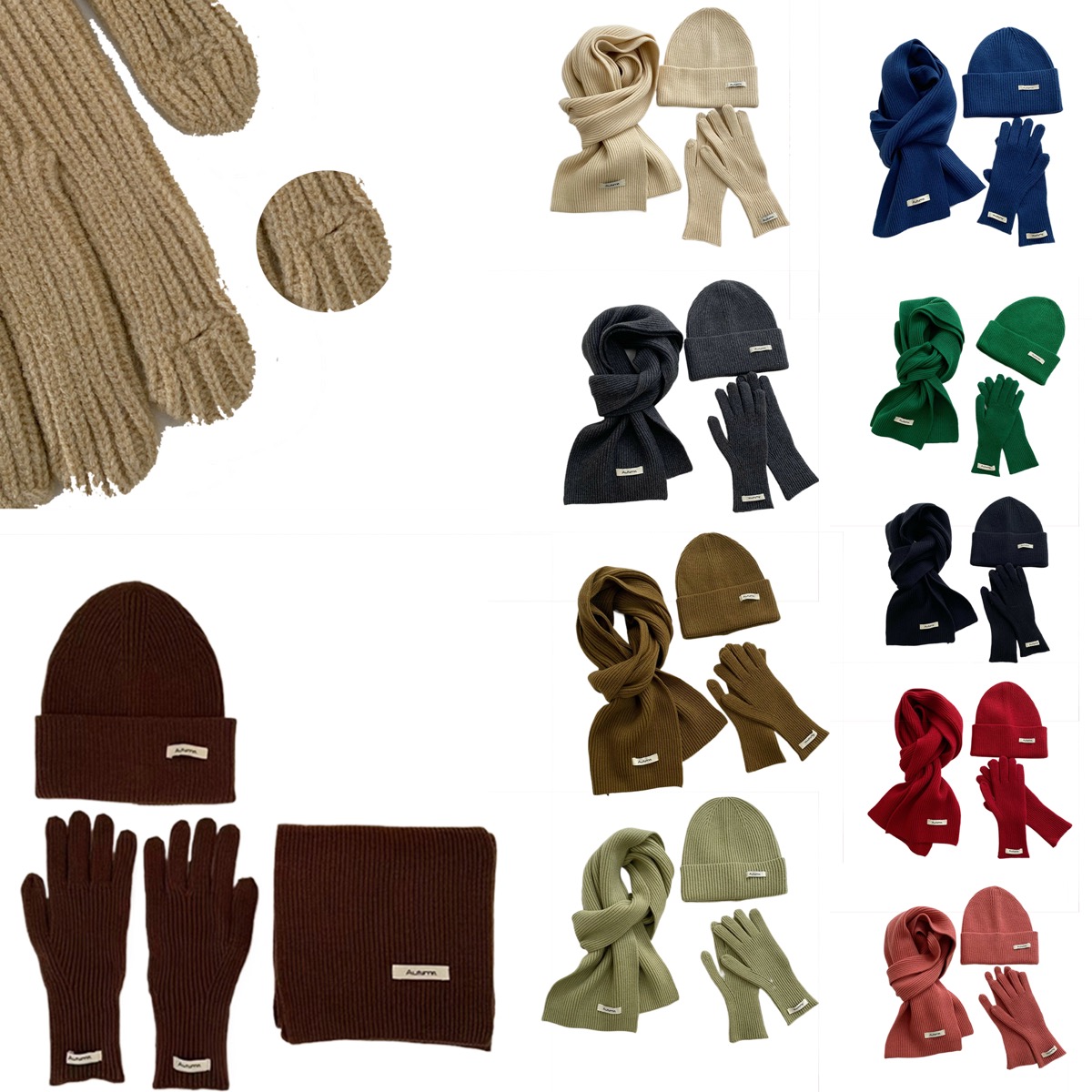 3PcsWinter Knit Hat Scarf Touch Screen Gloves Set Warm Suit 4