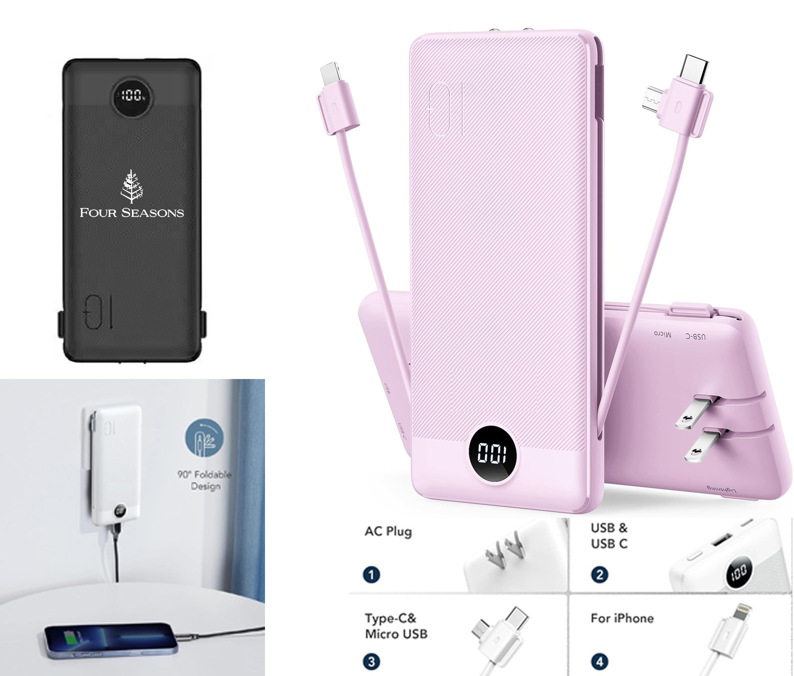 Power Bank with Built-In Cables, Retractable AC Wall Plug, and LED Battery Display, 10000mAh 2