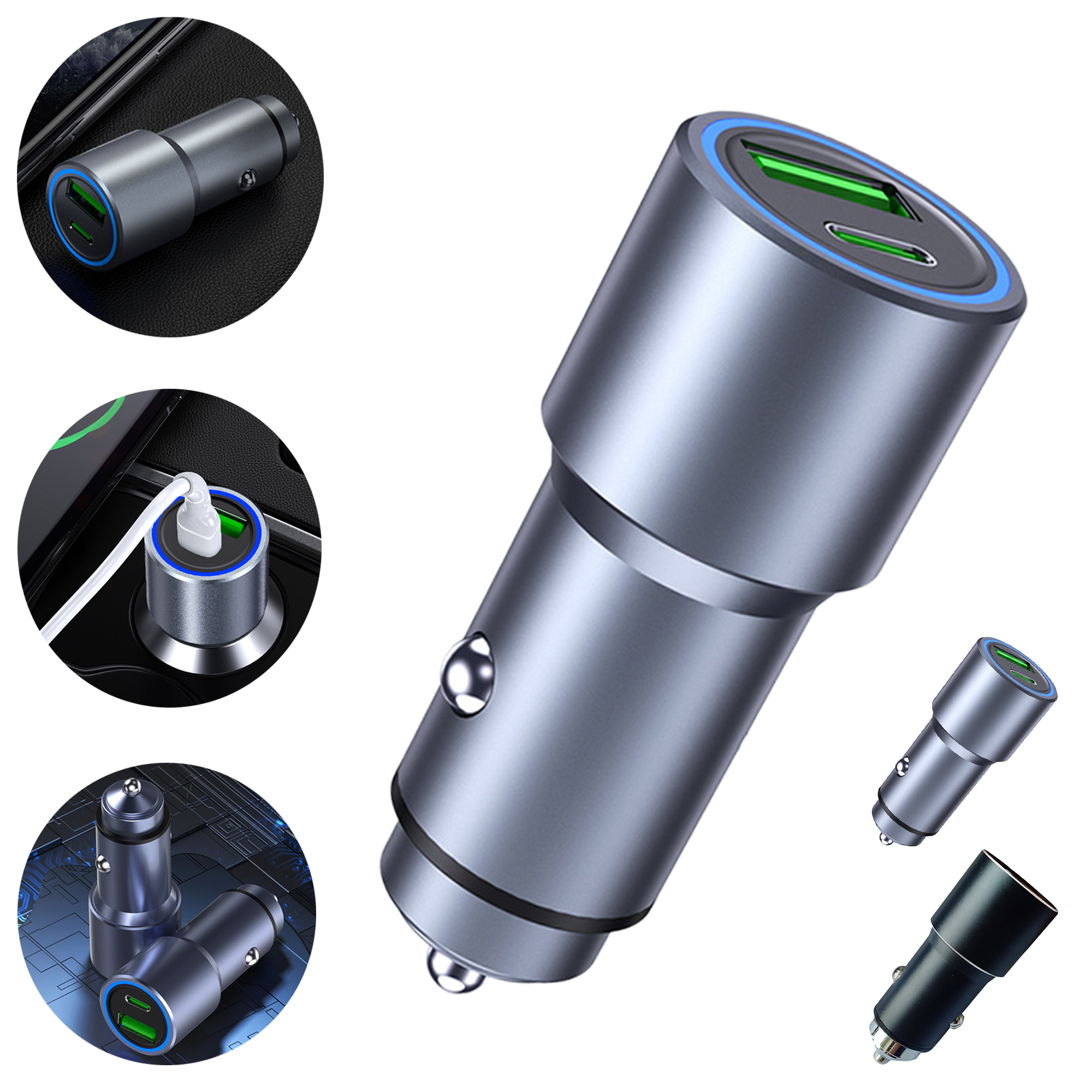 New Car Charger PD QC3.0 USB Super Fast Charging Aluminum Alloy Cigarette Lighter with LED Light 4