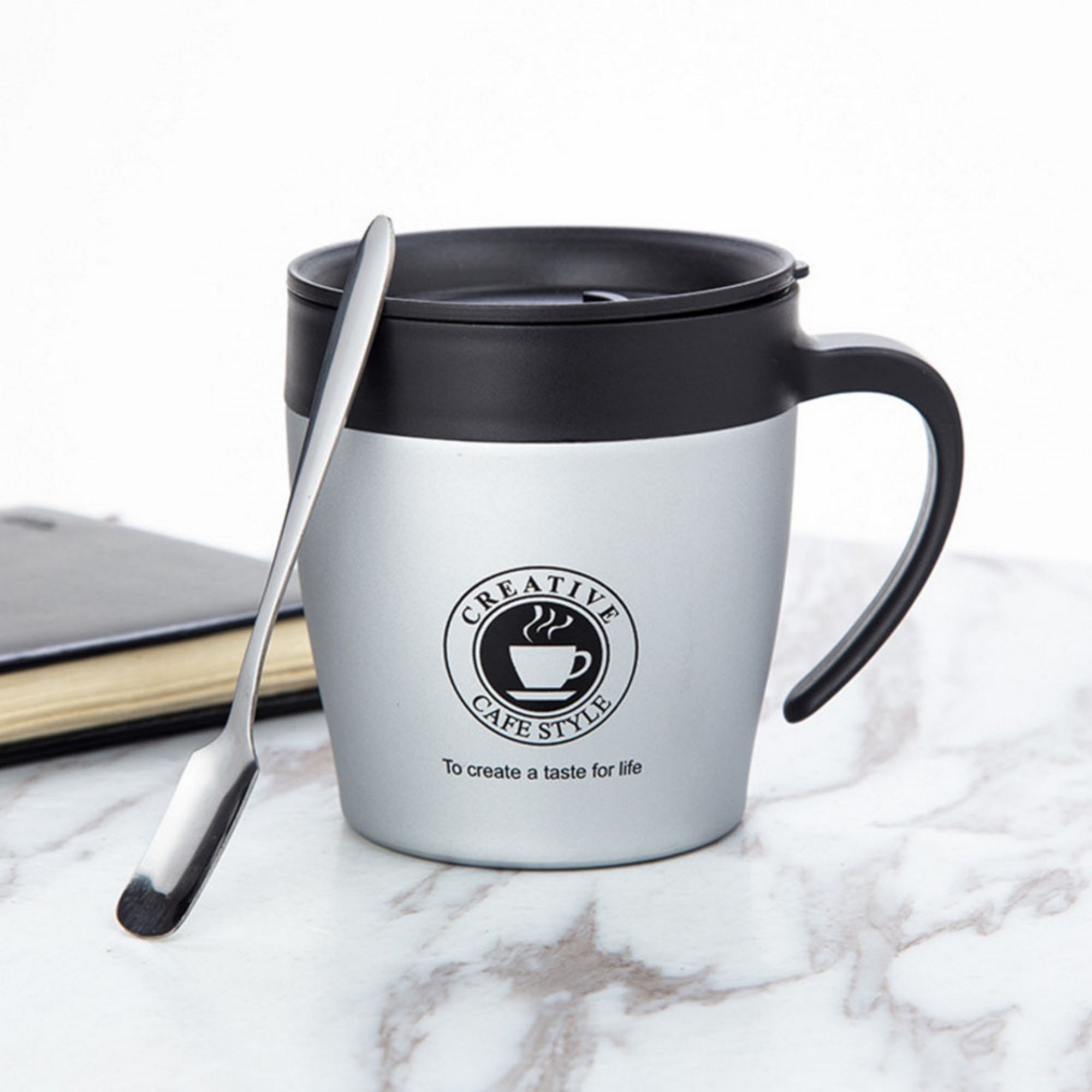 12 oz Double Wall Stainless Steel Travel Coffee Mug with Spoon 4