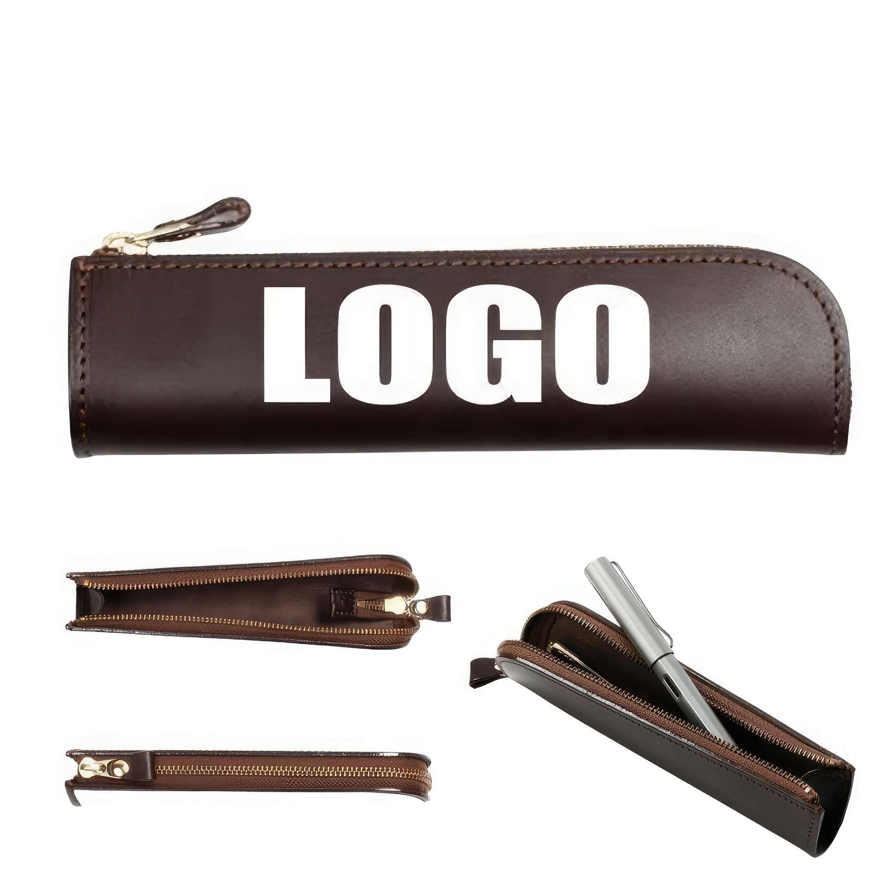 Genuine Leather Zippered School Pen Holder Pencil Case 1