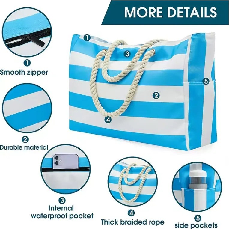 Canvas Striped Beach Tote Bag, custom tote bag with logo imprint 4