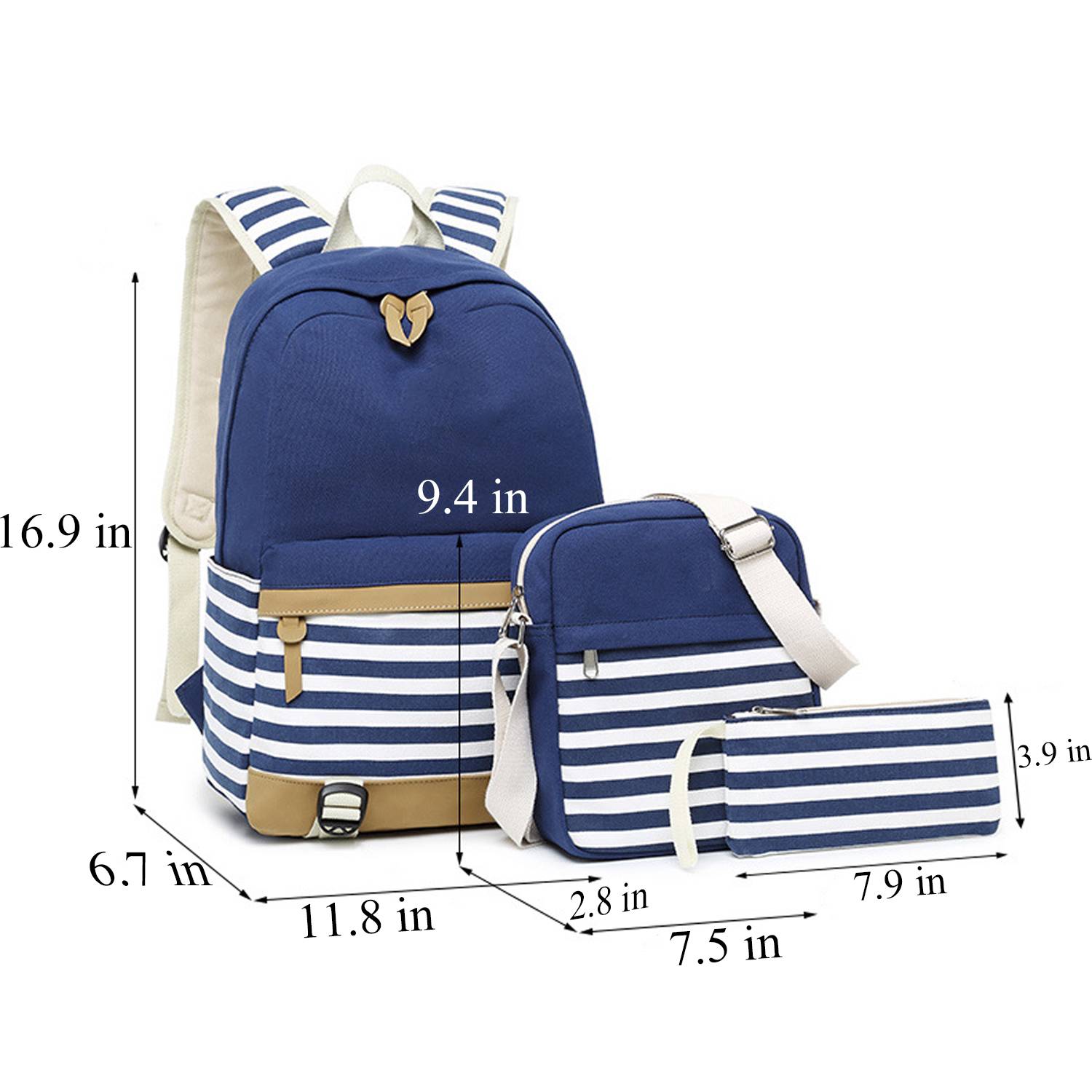 3Pcs Women Lightweight Stripe Canvas Backpack Set 5