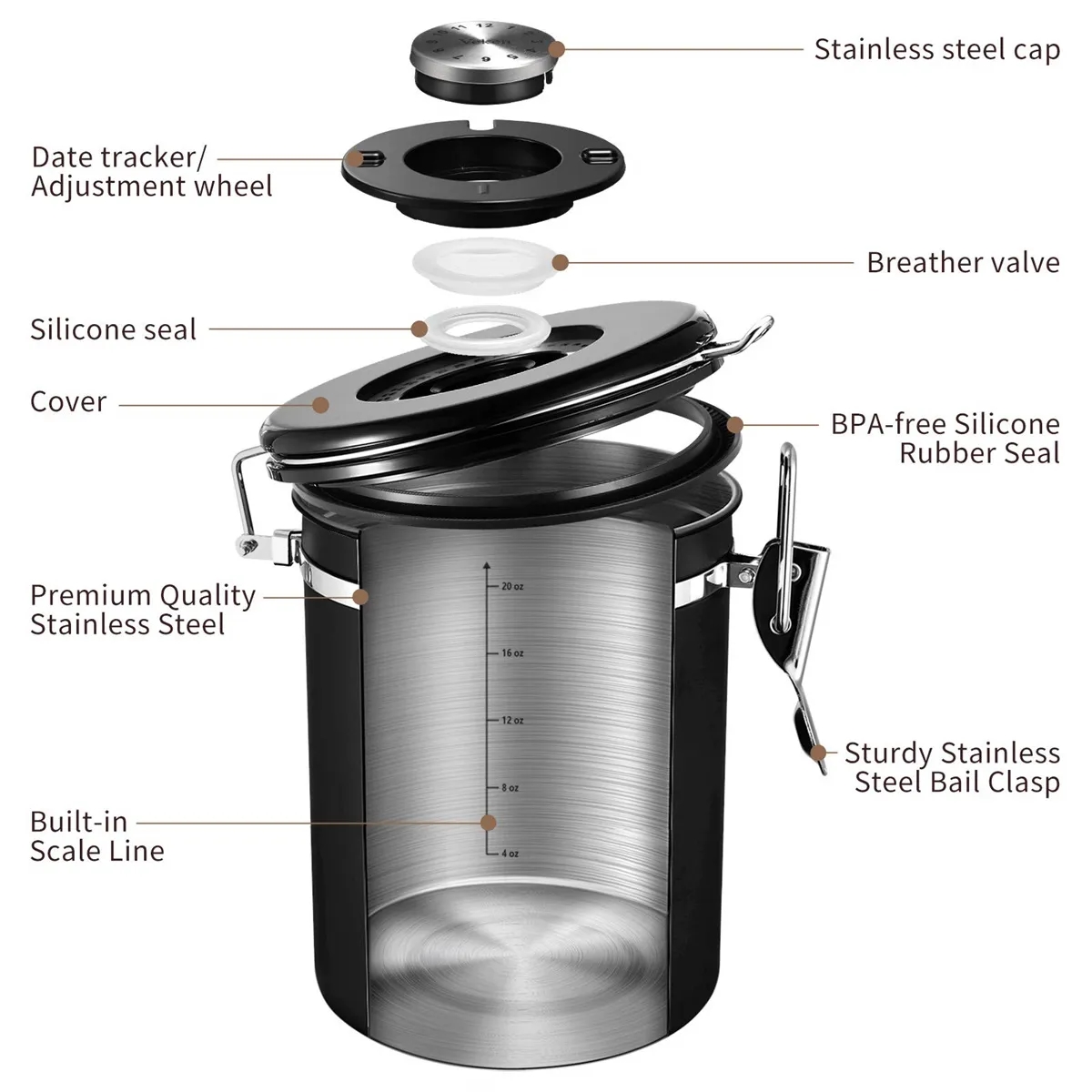 Stainless SteeCoffee Canister with Date Tracker and Scoop 6