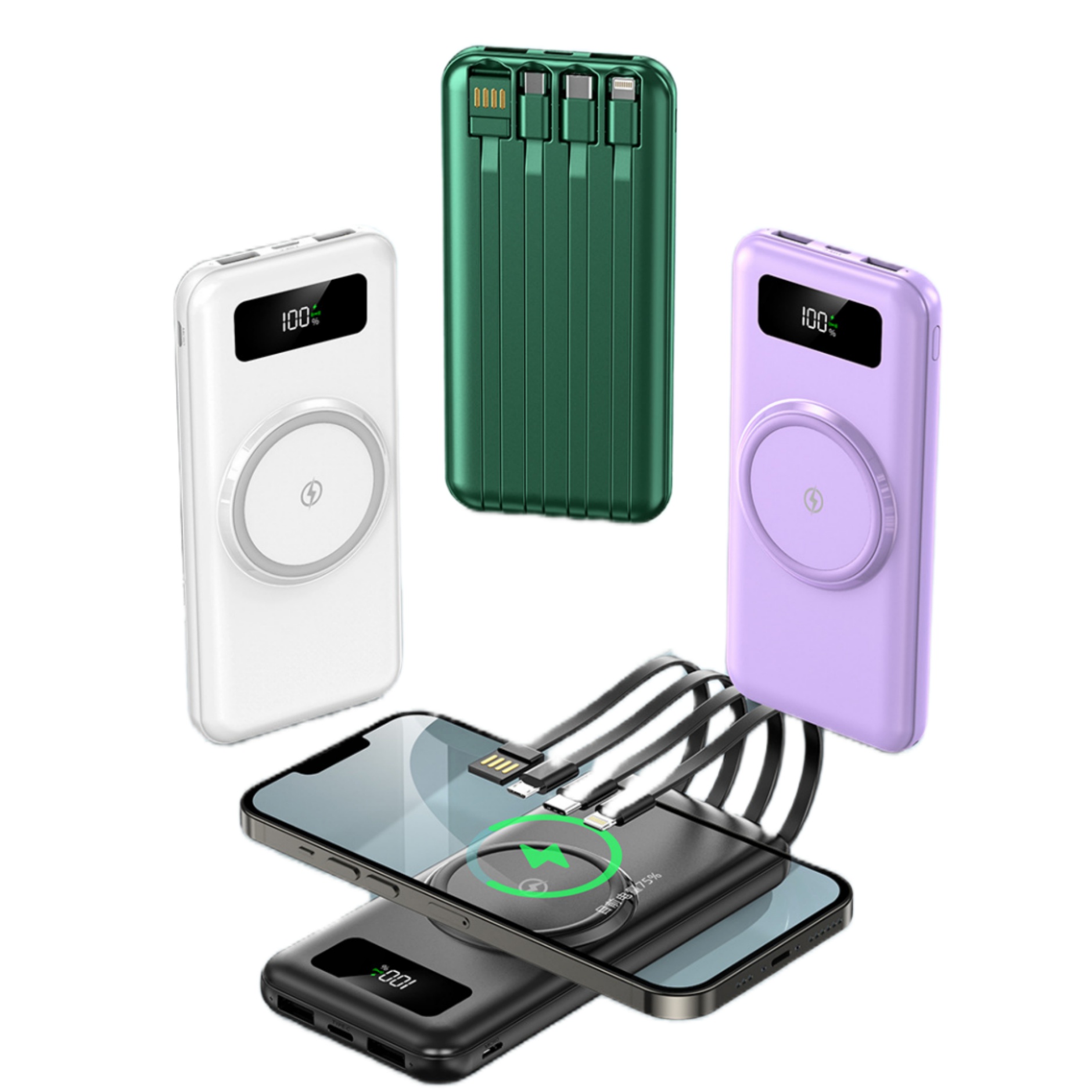 Fast Wireless Charging Portable Power Bank w/4 Built-In Cables 7