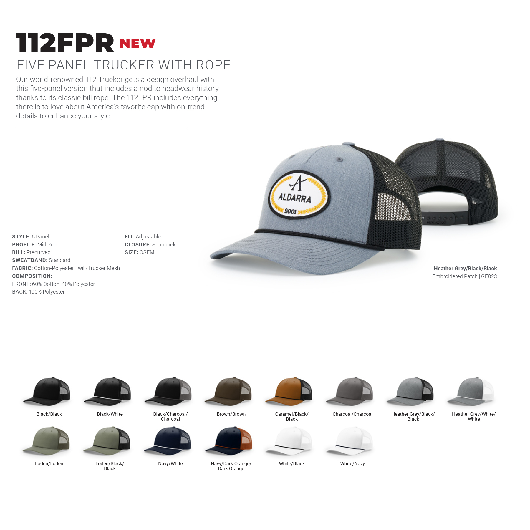 Richardson 112FPR 5-Panel Trucker Hat with Rope w/Leatherette Adhesive Patches or Embroidery 49