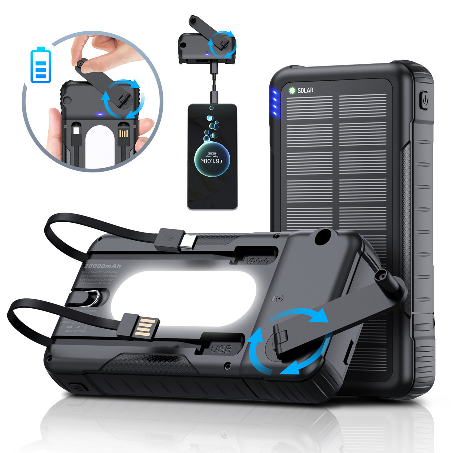 10000mAh Detachable Hand Crank Solar Charger 13