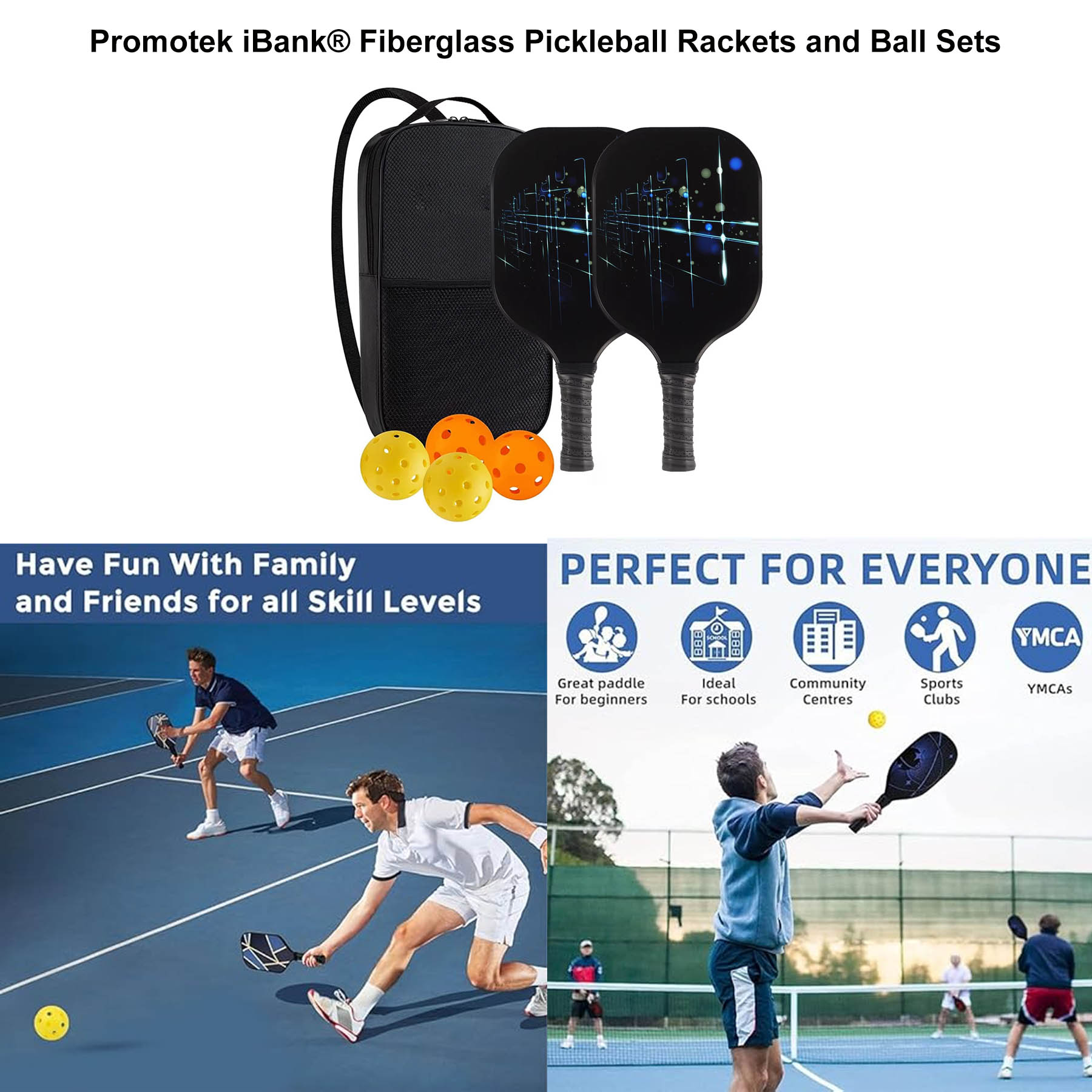 iBank ® Pickleball Set of 2 Paddles with 4 Outdoor Balls and Durable Carrying Case 1