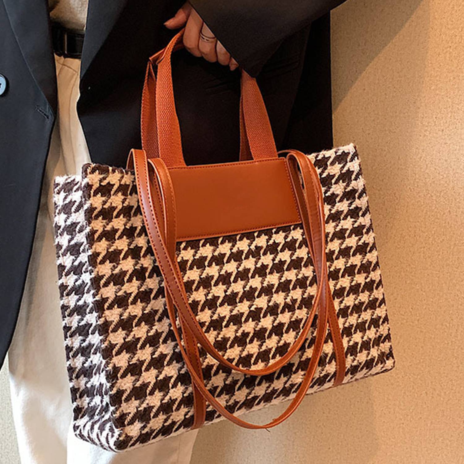 Canvas Tote Bag Black and White Grid Large Capacity, custom tote bag with logo imprint 4