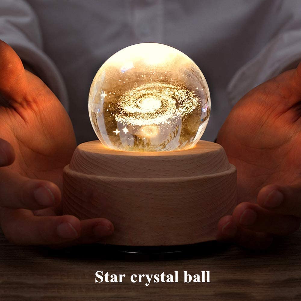 3D LED Night Light And Crystal Ball Music Box With Wooden Base 8