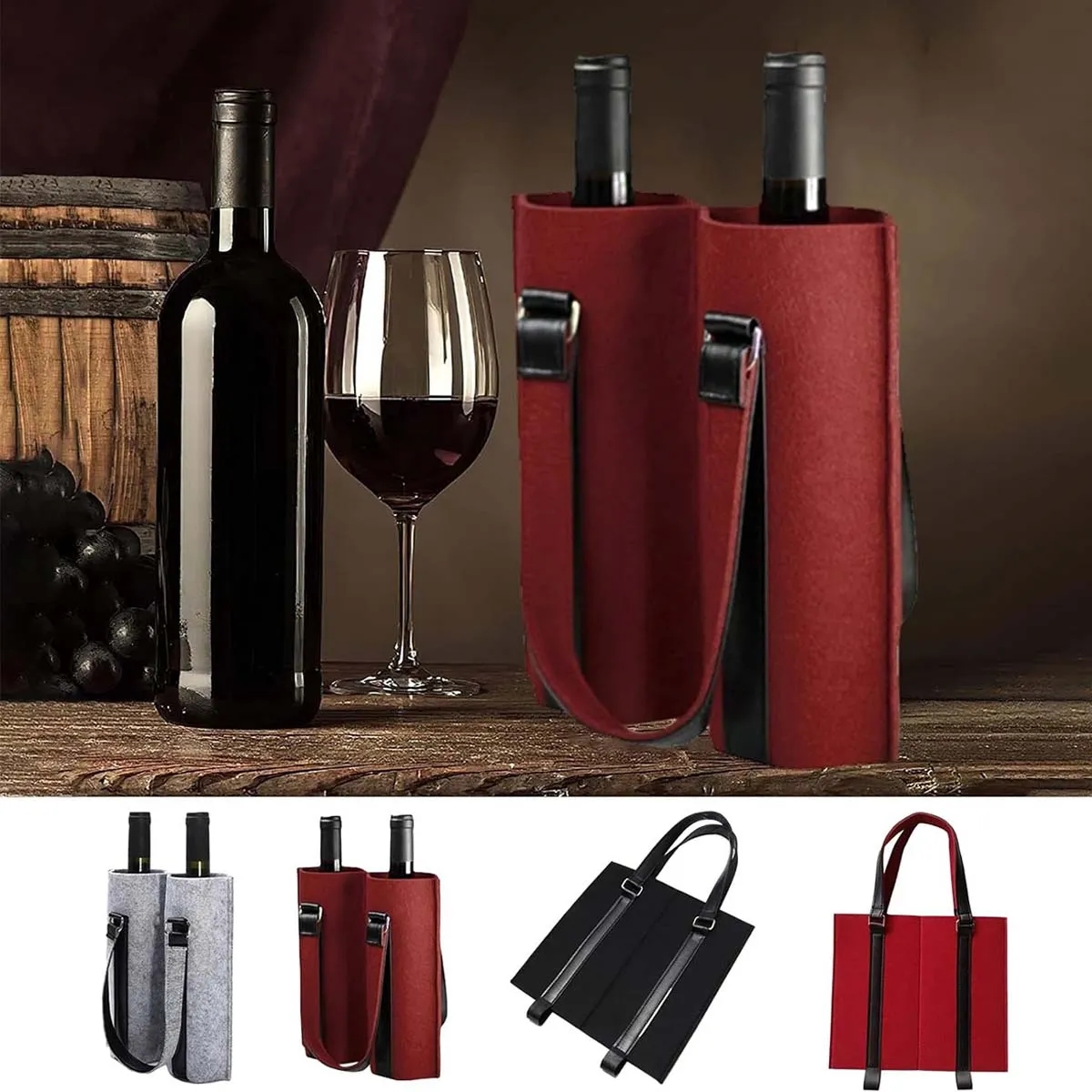2 Bottle Tote Bag Wine Felt Travel Reusable Gift Carrier 9