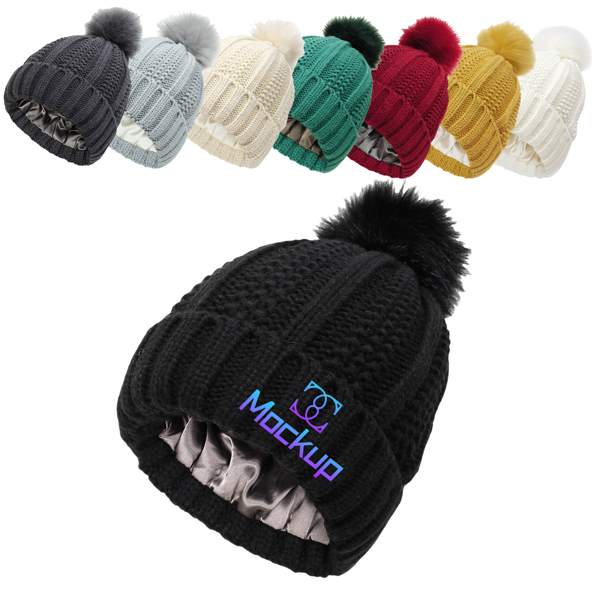 Thick Cable Knit Fuzzy Pom Cuff Beanie 3