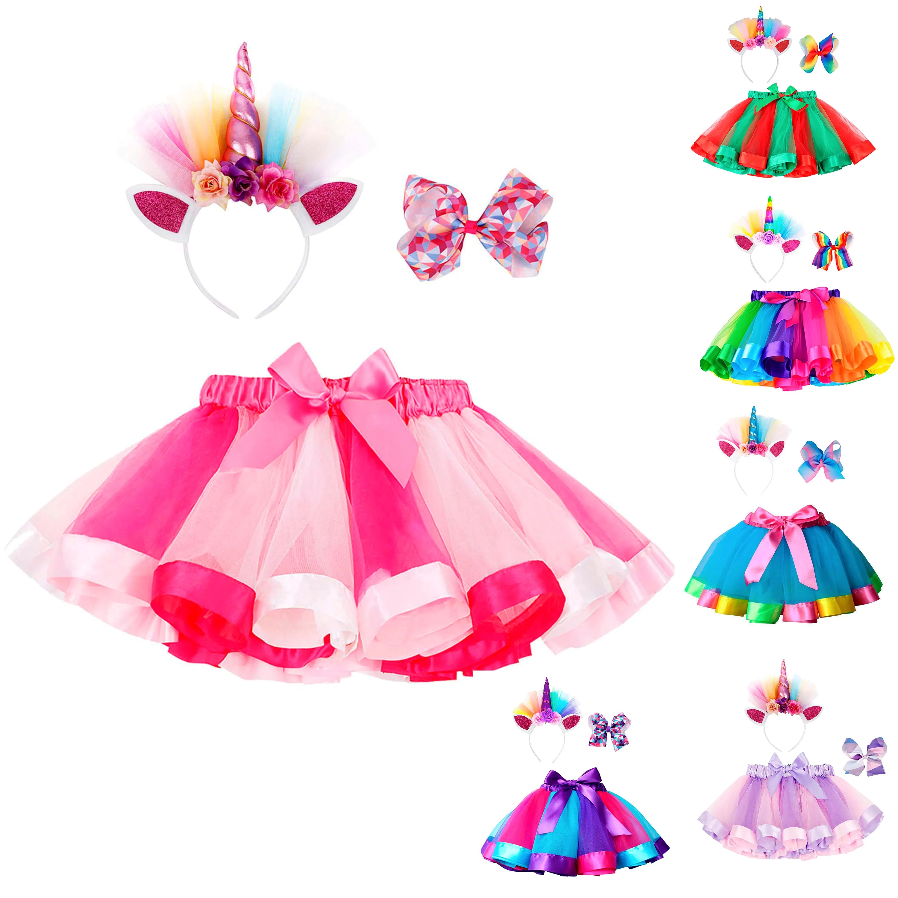 Rainbow Layered Tulle Tutu Skirt Unicorn Headband/Hair Bow 6