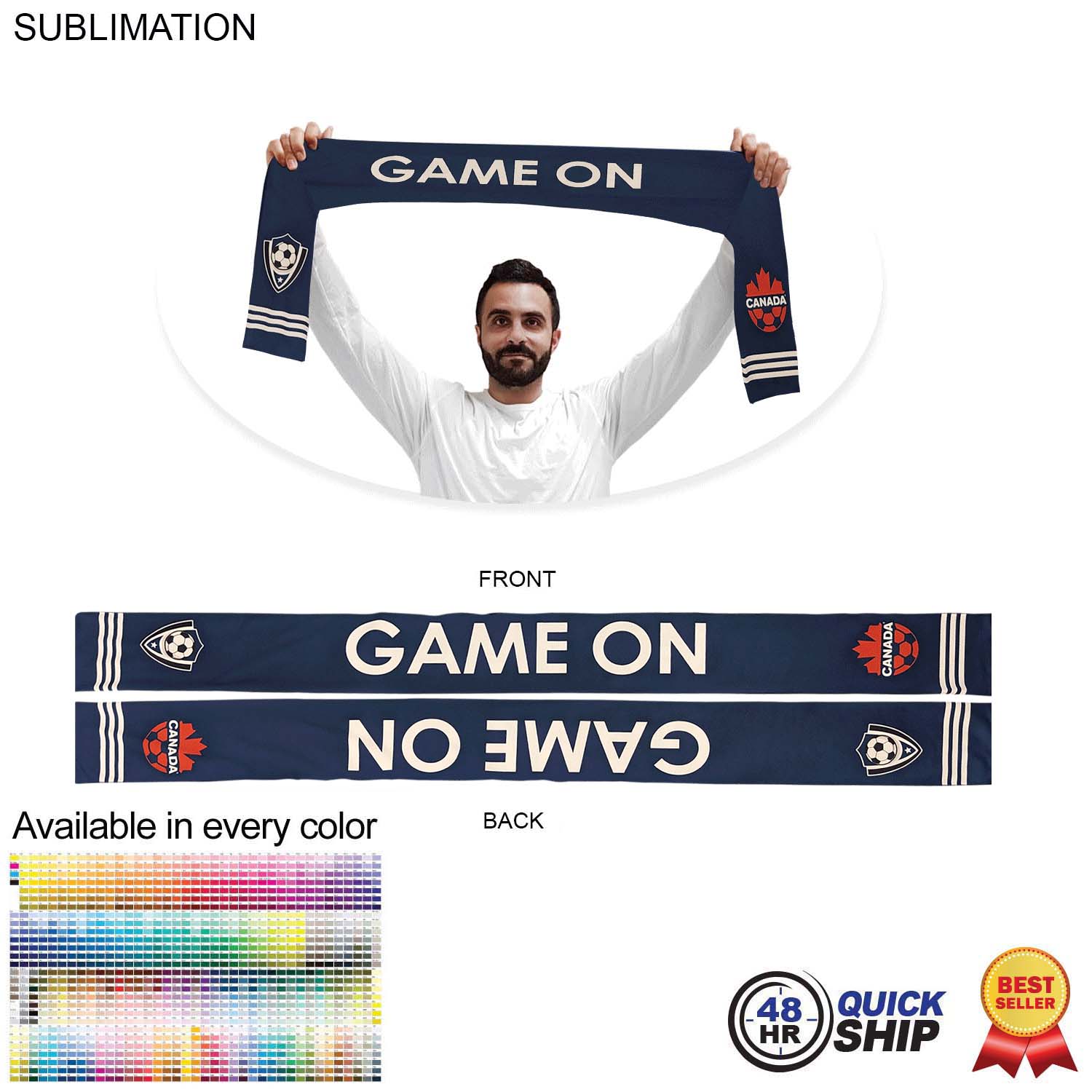 48 Hr Quick Ship - Sublimated Soccer Football Stadium Scarves, 6x60, Sublimated edge to edge 2 sides 6