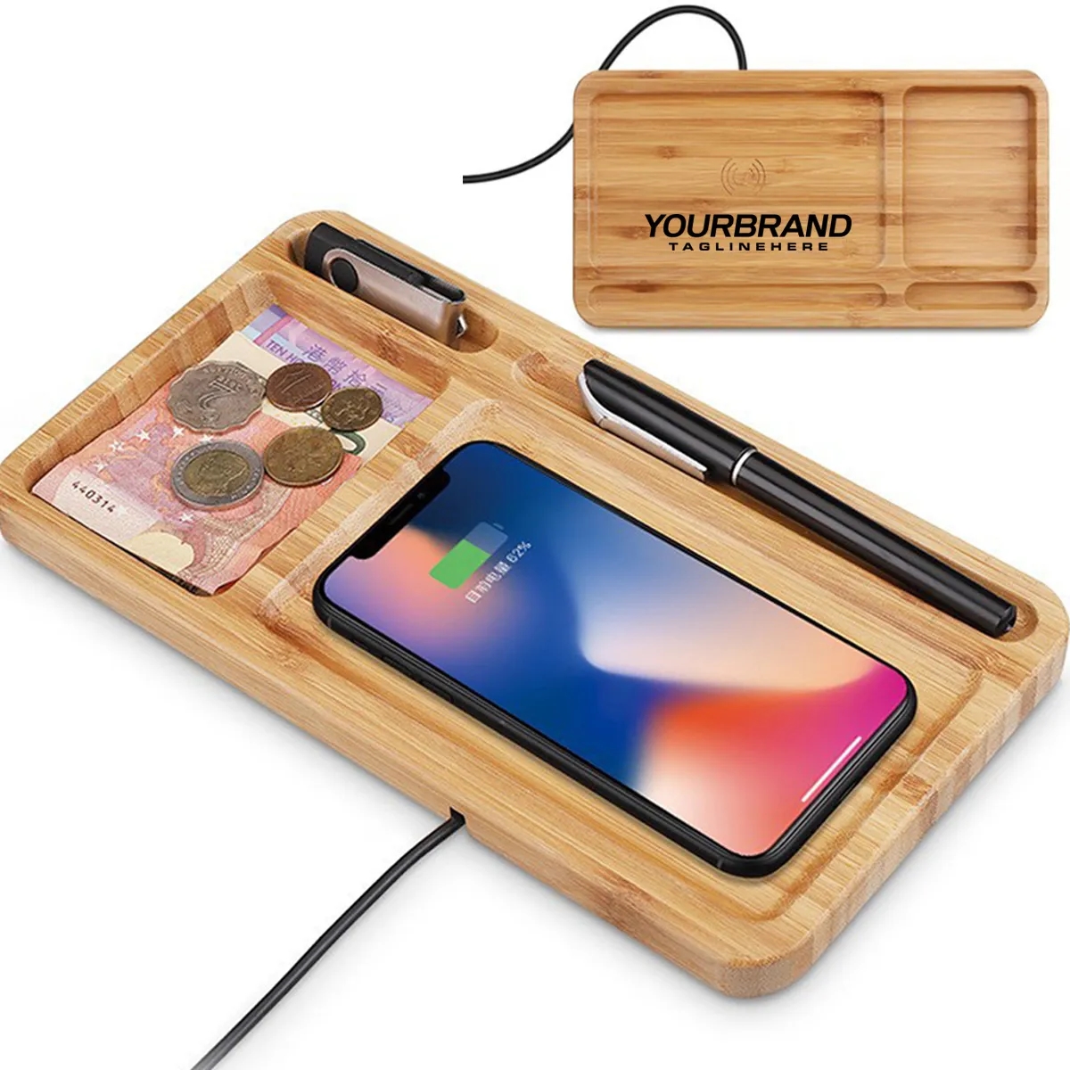 15W Wood Phone Wireless Charging Station with Desk Organizer 2